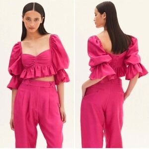 ALEMAIS Blaire Ruffle Blouson Crop Top Pink Puff Silk Cotton Size 4 NWOT